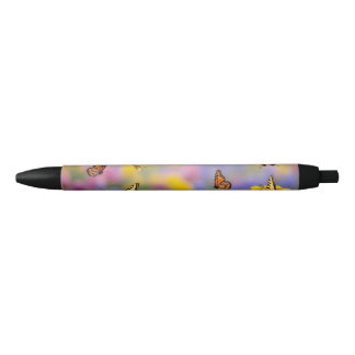 Butterflies Flying Over Colorful Spring Flower Gar Black Ink Pen