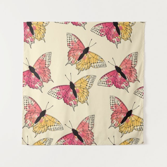 Butterflies flying: seamless ivory pattern tapestry (Front)