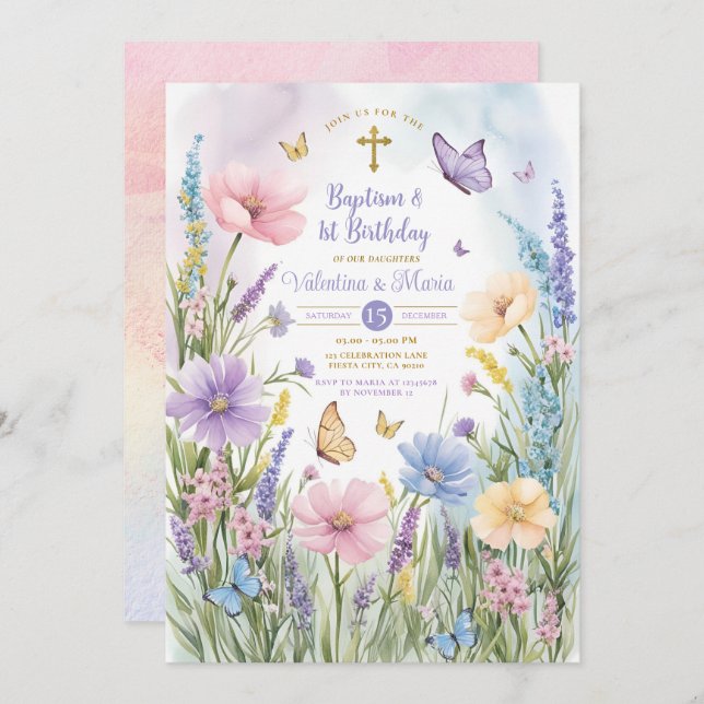 Butterflies Garden Twin Baptism & 1st Birthday  Invitation (Front/Back)