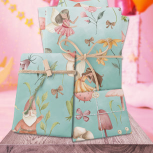 Butterflies Gnomes & Winged Fairies Garden Green Wrapping Paper Sheet