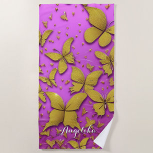 Butterflies Gold Glitters Pink Background Beach Towel