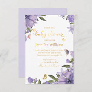 butterflies gold purple floral baby shower  invitation
