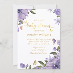 butterflies gold purple floral baby shower  invitation