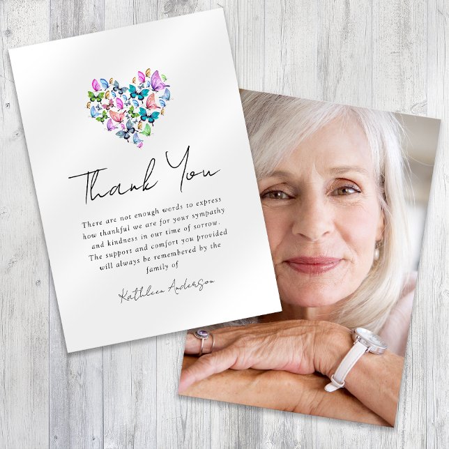 Butterflies Heart Photo Sympathy Funeral  Thank You Card (Creator Uploaded)