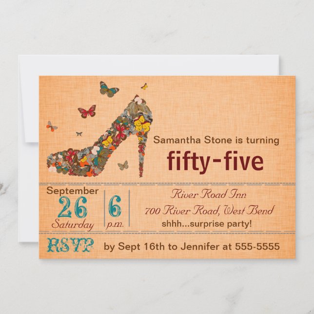 Butterflies High Heel 55th Birthday Invite (Front)