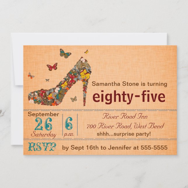 Butterflies High Heel 85th Birthday Invite (Front)