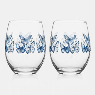 Butterflies in Delft Blue, customisable Stemless Wine Glass