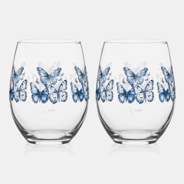 Butterflies in Delft Blue, customisable Stemless Wine Glass (Front)