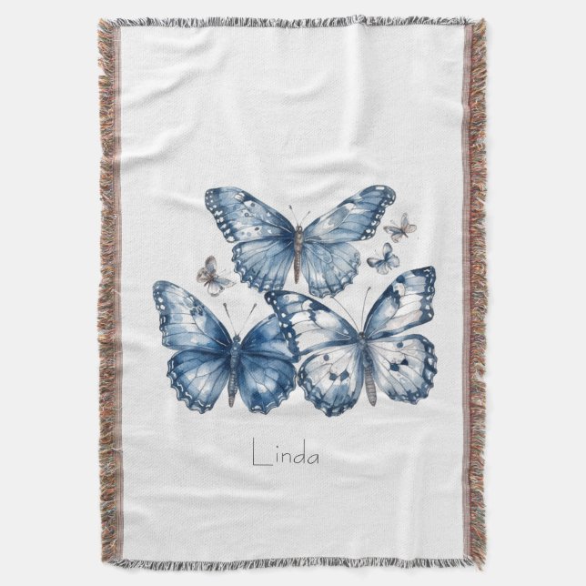 Butterflies in Delft Blue, customisable Throw Blanket (Front Vertical)