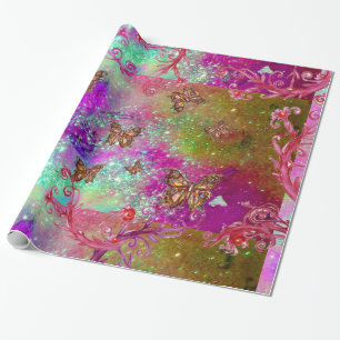 BUTTERFLIES IN GOLD TEAL BLUE PURPLE SPARKLES WRAPPING PAPER