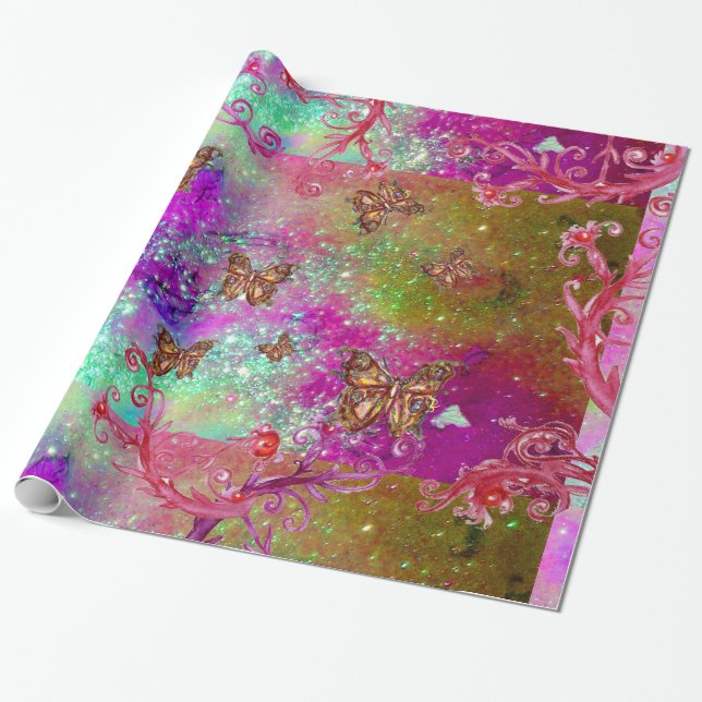 BUTTERFLIES IN GOLD TEAL BLUE PURPLE SPARKLES WRAPPING PAPER (Unrolled)