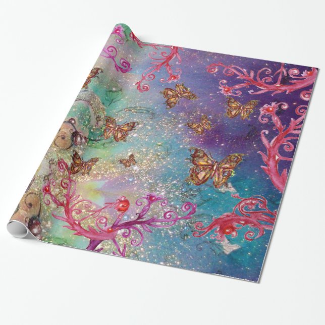 BUTTERFLIES IN GOLD YELLOW AQUA BLUE SPARKLES WRAPPING PAPER (Unrolled)