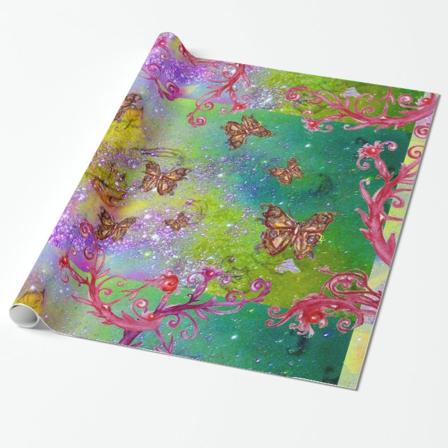 BUTTERFLIES IN GOLD YELLOW PURPLE GREEN SPARKLES WRAPPING PAPER (Unrolled)