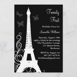 Butterflies in Paris 21st Birthday Invite black