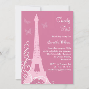 Butterflies in Paris 21st Birthday Invite pink
