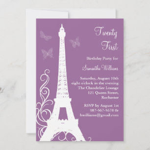 Butterflies in Paris 21st Birthday Invite purple