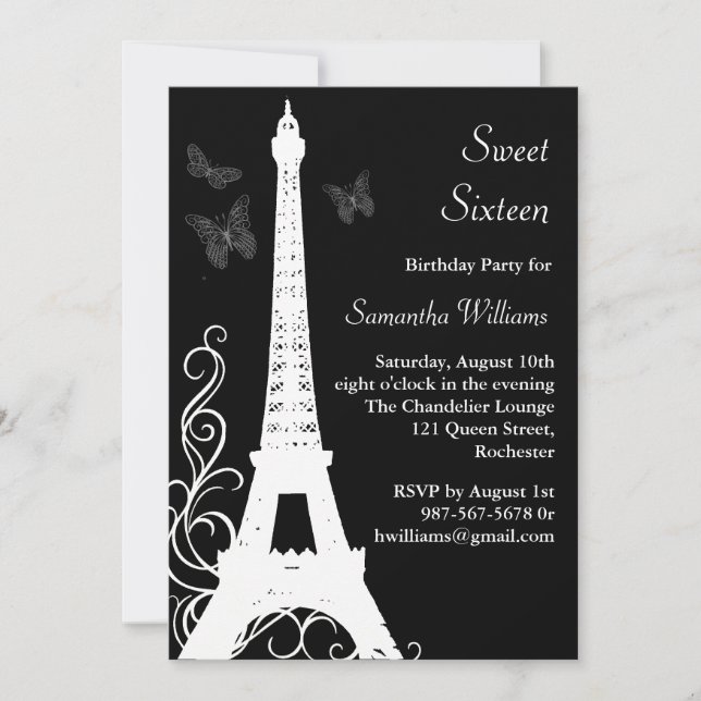 Butterflies in Paris Birthday Invite black (Front)