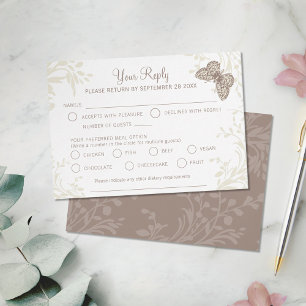 Butterflies inked floral swirl cream brown wedding RSVP card