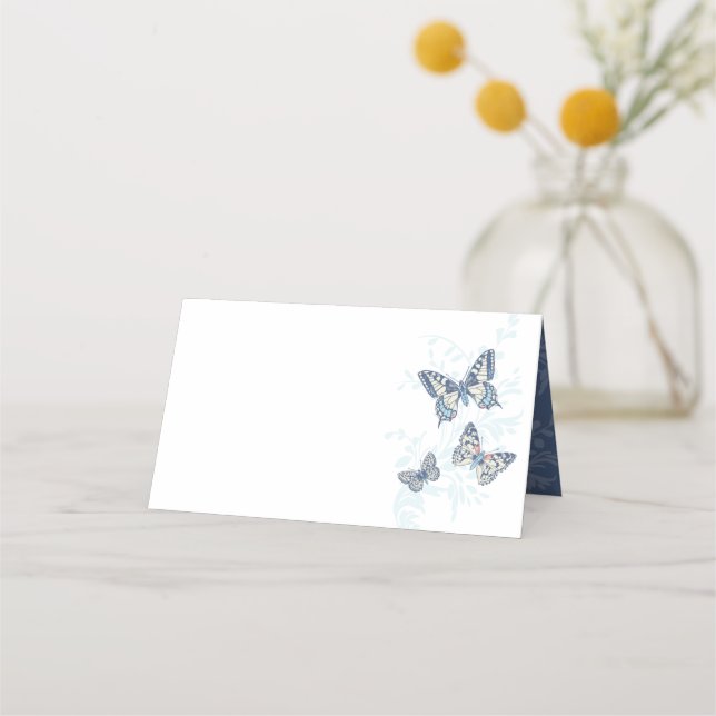 Butterflies inked hand art blue wedding guest  place card (Front)