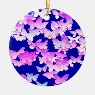 Butterflies, lavender and dark blue ceramic ornament