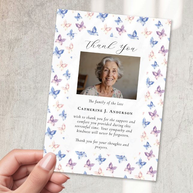 Butterflies Lilac Blue Sympathy Photo Funeral Thank You Card (Creator Uploaded)