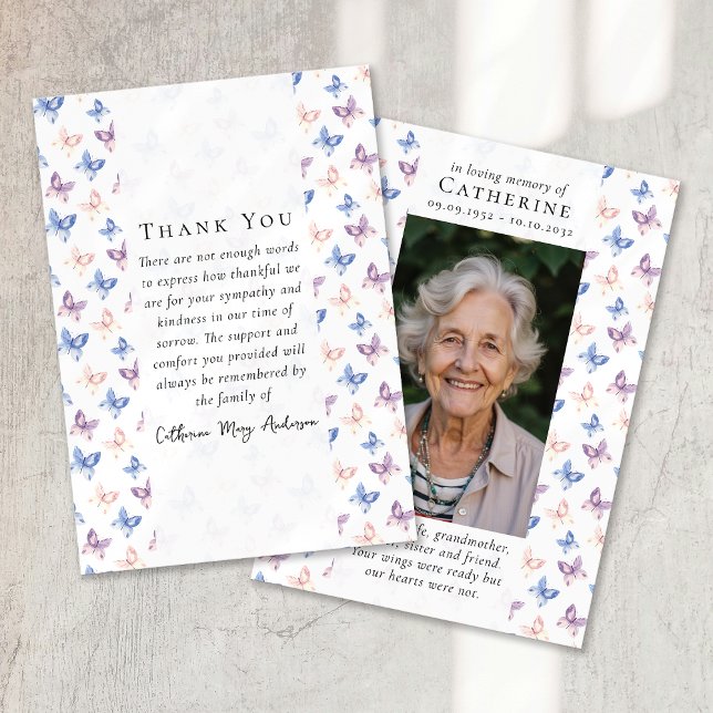 Butterflies Lilac Blue Sympathy Photo Funeral Thank You Card (Creator Uploaded)