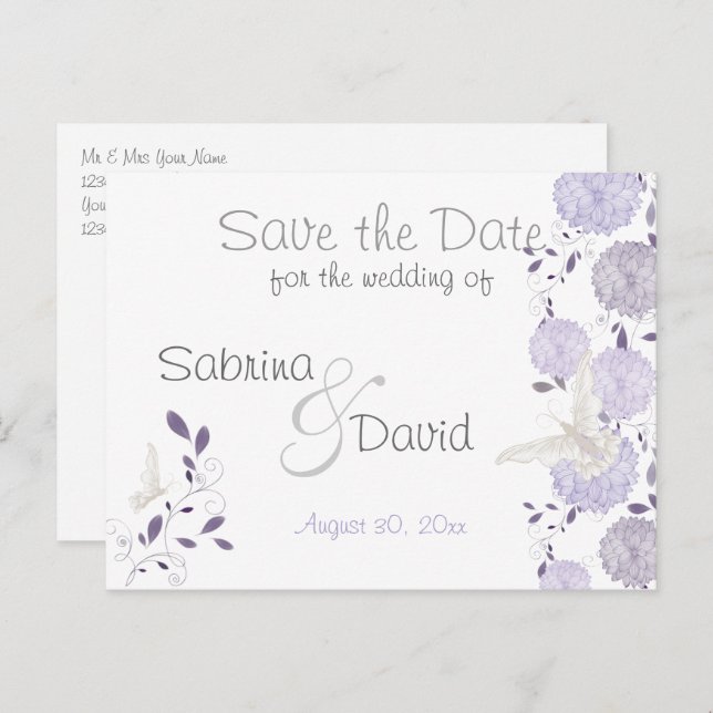 Butterflies & Lilac Chrysanthemum Save the Date Announcement Postcard (Front/Back)