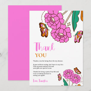 Butterflies Lovers Pink Floral Script Bridal Thank You Card