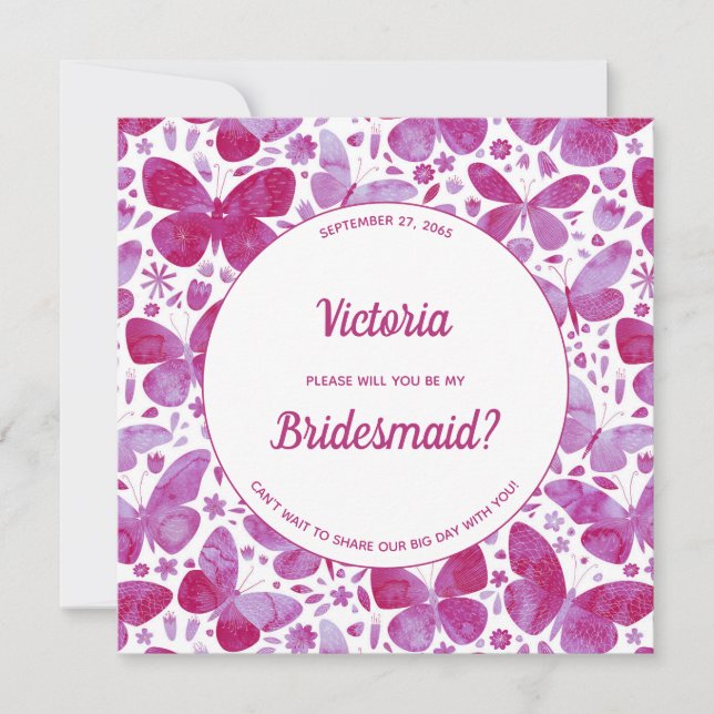Butterflies Magenta Pink Be My Bridesmaid Invitation (Front)