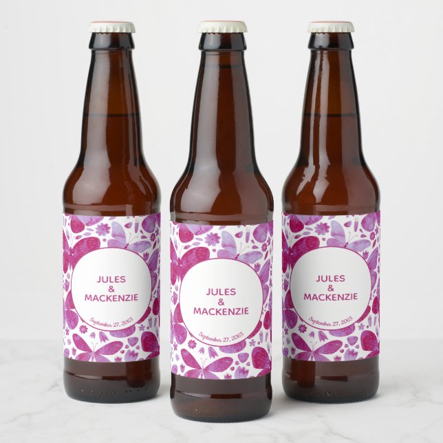 Butterflies Modern Boho Watercolor Magenta Pink Beer Bottle Label (Bottles)