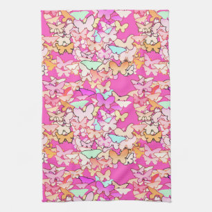 Butterflies, multi and deep pink tea towel