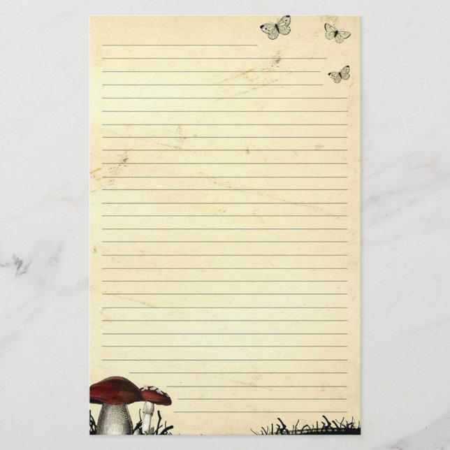 Butterflies & Mushroom Lined Old Paper Stationery (Front)
