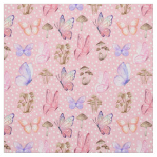 Butterflies & Mushrooms on Bubblegum Pink Fabric