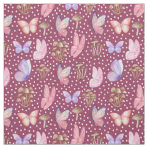 Butterflies & Mushrooms on Dark Pink Fabric