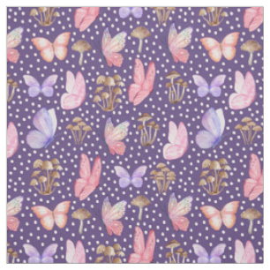 Butterflies & Mushrooms on Dark Purple Fabric