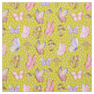 Butterflies & Mushrooms on Dark Yellow Fabric