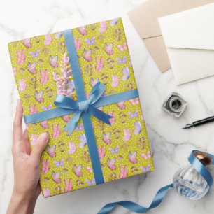 Butterflies & Mushrooms on Dark Yellow Wrapping Paper