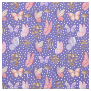 Butterflies & Mushrooms on Iris Blue Fabric
