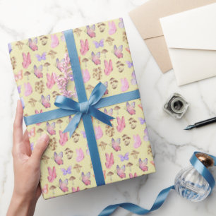 Butterflies & Mushrooms on Light Yellow Wrapping Paper