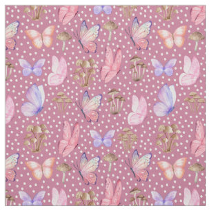 Butterflies & Mushrooms on Purplish Pink Fabric