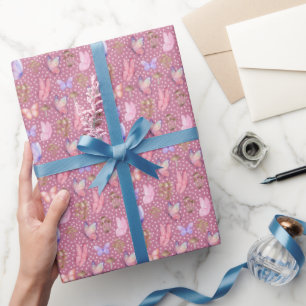 Butterflies & Mushrooms on Purplish Pink Wrapping Paper