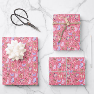 Butterflies & Mushrooms on Rouge Pink Wrapping Paper Sheet