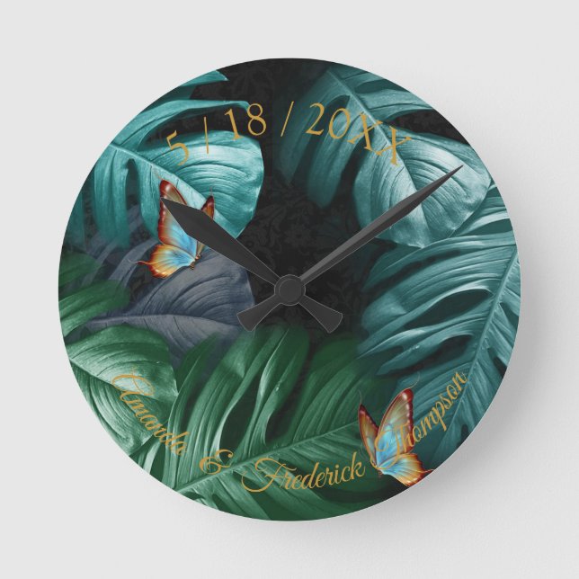 Butterflies of Paradise Tropical Splash in Blues, Round Clock (Front)