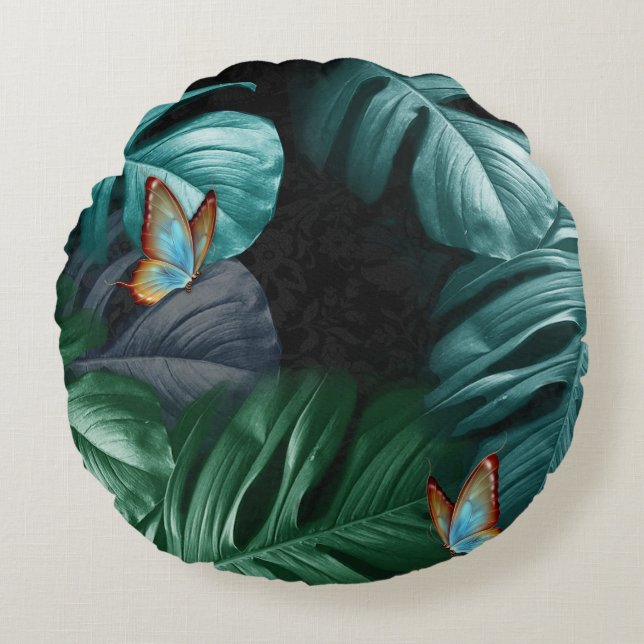 Butterflies of Paradise/Tropical Turquoise Splash Round Cushion (Front)