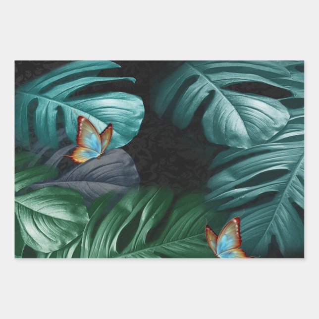 Butterflies of Paradise Tropical Turquoise  Wrapping Paper Sheet (Front)