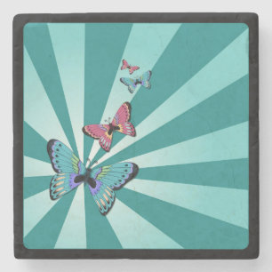 Butterflies on a Blue Sunburst Stone Coaster