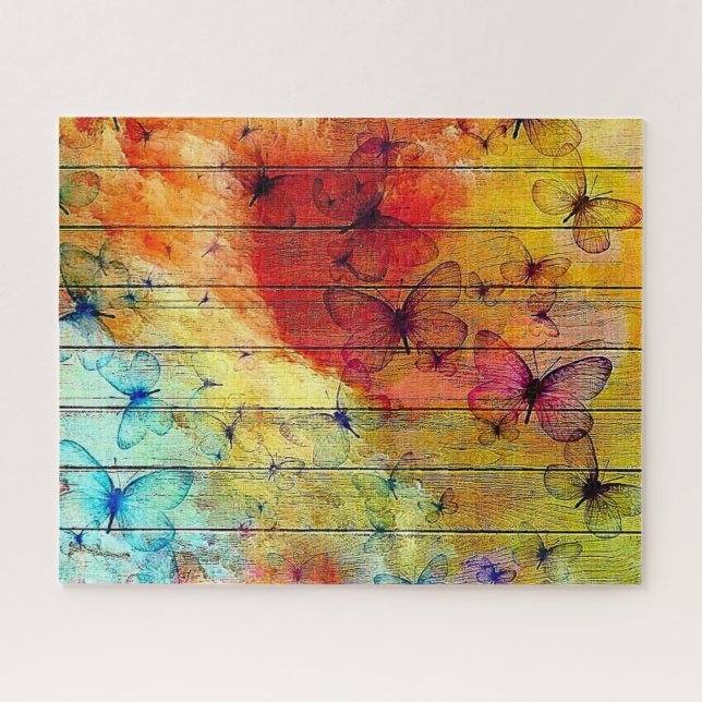 Butterflies on a Colourful Rustic Wood Jigsaw Puzzle (Horizontal)