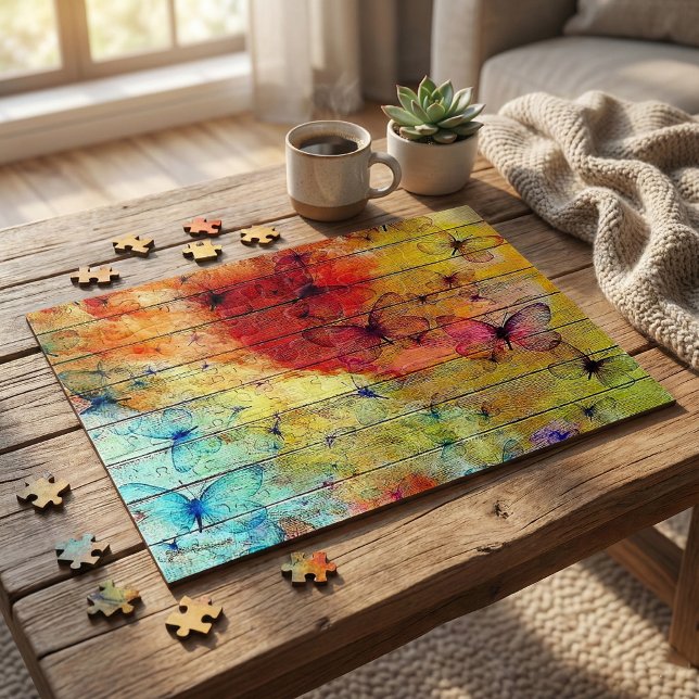 Butterflies on a Colourful Rustic Wood Jigsaw Puzzle (Creator Uploaded)