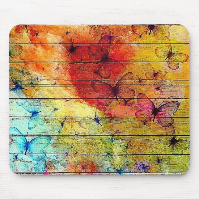 Butterflies on a Colourful Rustic Wood Mouse Pad (Front)