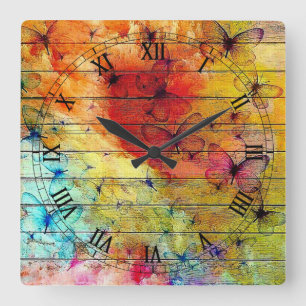 Butterflies on a Colourful Rustic Wood Square Wall Clock